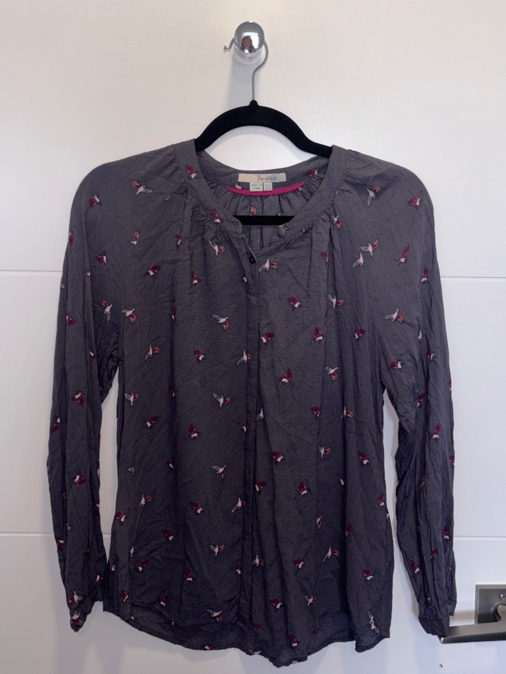 Boden Gray Bird Print Viscose Blouse Size US 8
